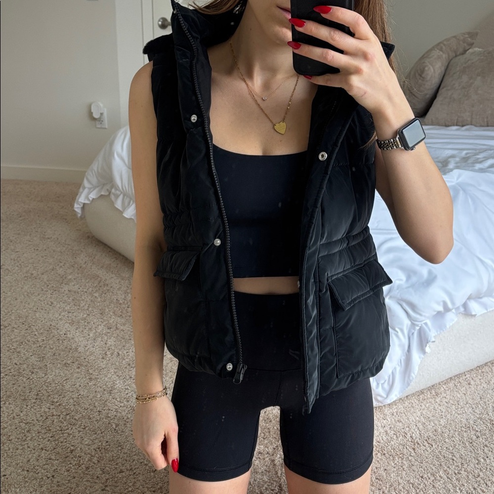 Kids MNG Black Puffer Vest fur hood